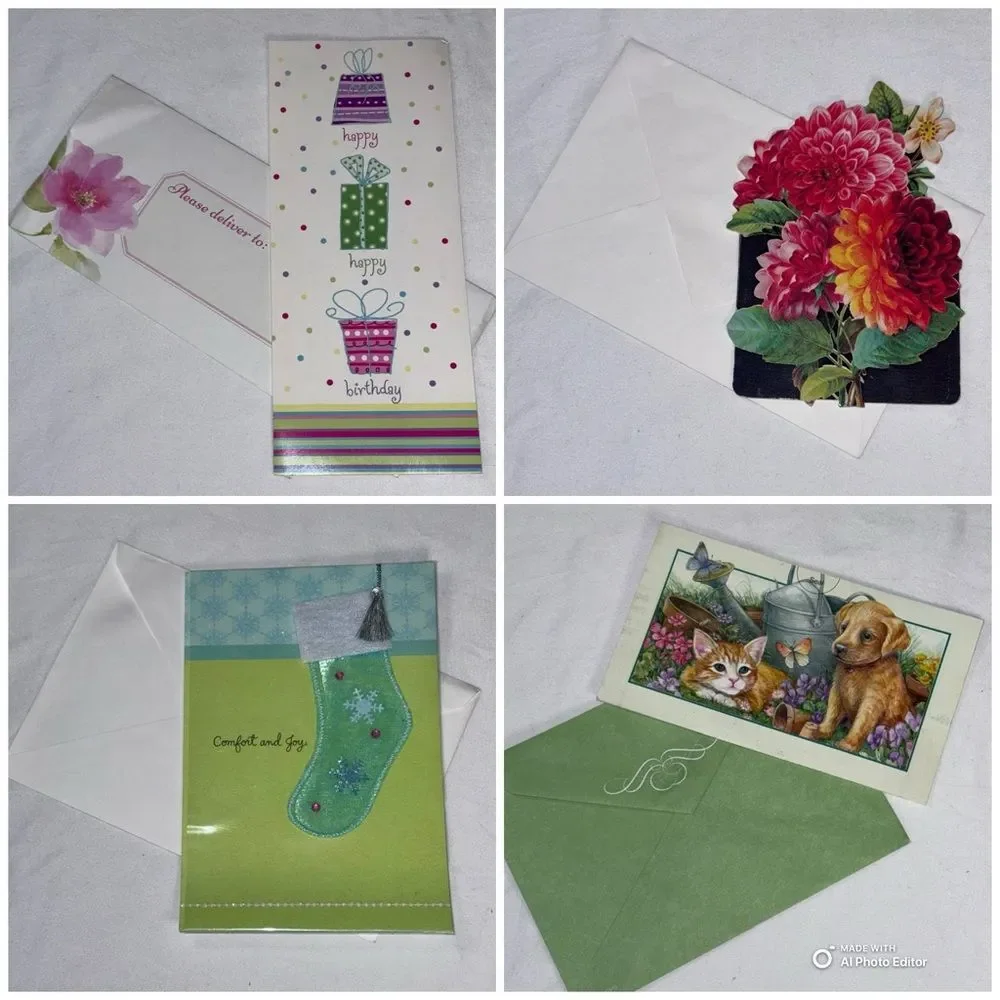 4 Assorted Greeting Card Bundle - Floral, Birthday, Holiday & Animal Designs